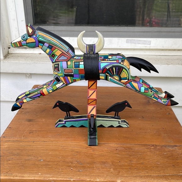 Robert Shields RARE Hand-Painted Southwestern Horse and Crow Sculpture